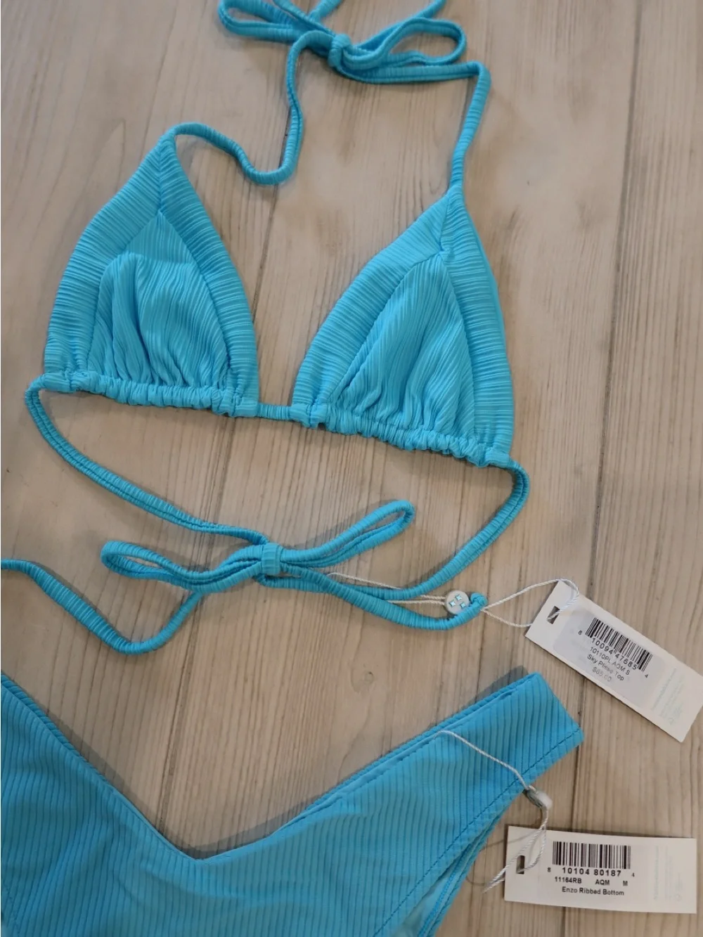 Frankies Bikinis Turquoise Ribbed Triangle Bikini Enzo Bottom Sky Plisse Top